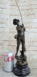 Signed Milo Boy Fishing With Duck Bronze Sculpture