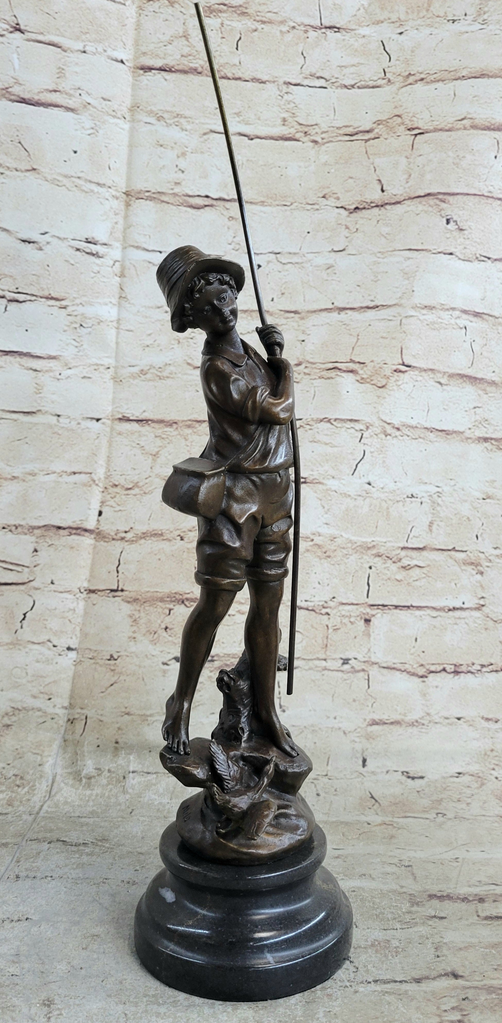 Signed Milo Boy Fishing With Duck Bronze Sculpture