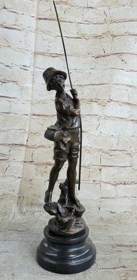 Signed Milo Boy Fishing With Duck Bronze Sculpture