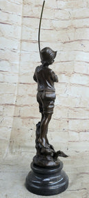 Signed Milo Boy Fishing With Duck Bronze Sculpture