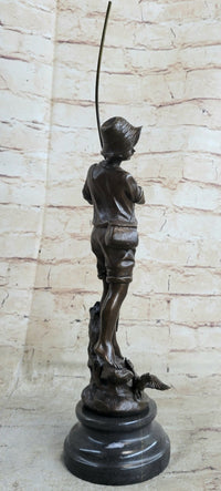 Signed Milo Boy Fishing With Duck Bronze Sculpture