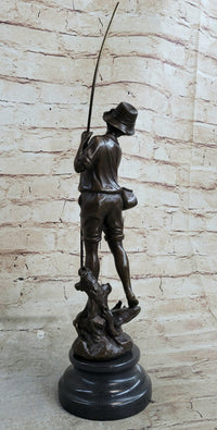 Signed Milo Boy Fishing With Duck Bronze Sculpture