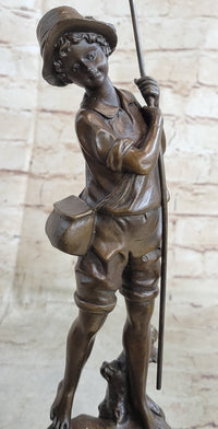Signed Milo Boy Fishing With Duck Bronze Sculpture