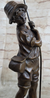 Signed Milo Boy Fishing With Duck Bronze Sculpture