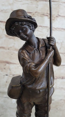 Signed Milo Boy Fishing With Duck Bronze Sculpture