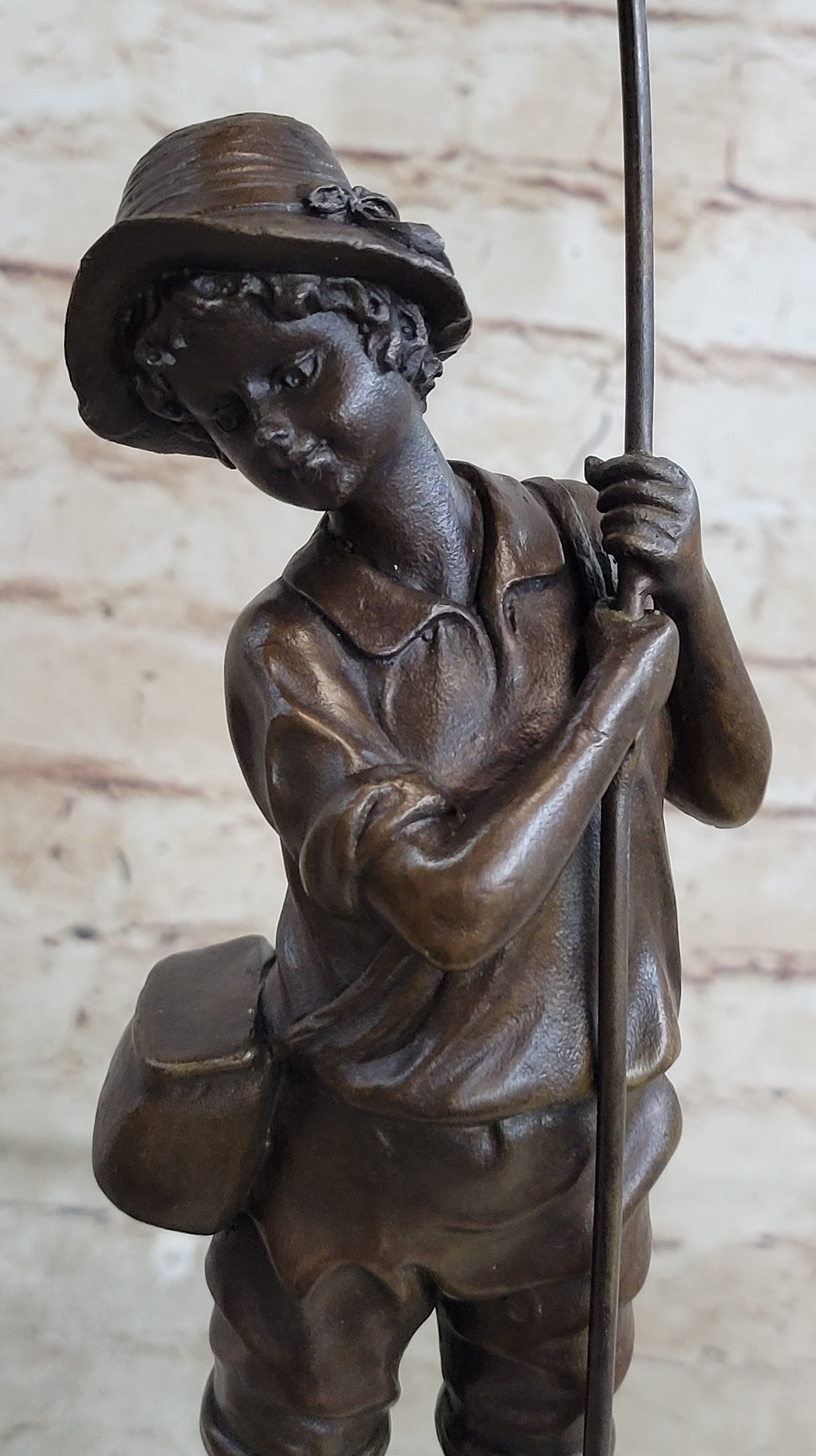 Signed Milo Boy Fishing With Duck Bronze Sculpture