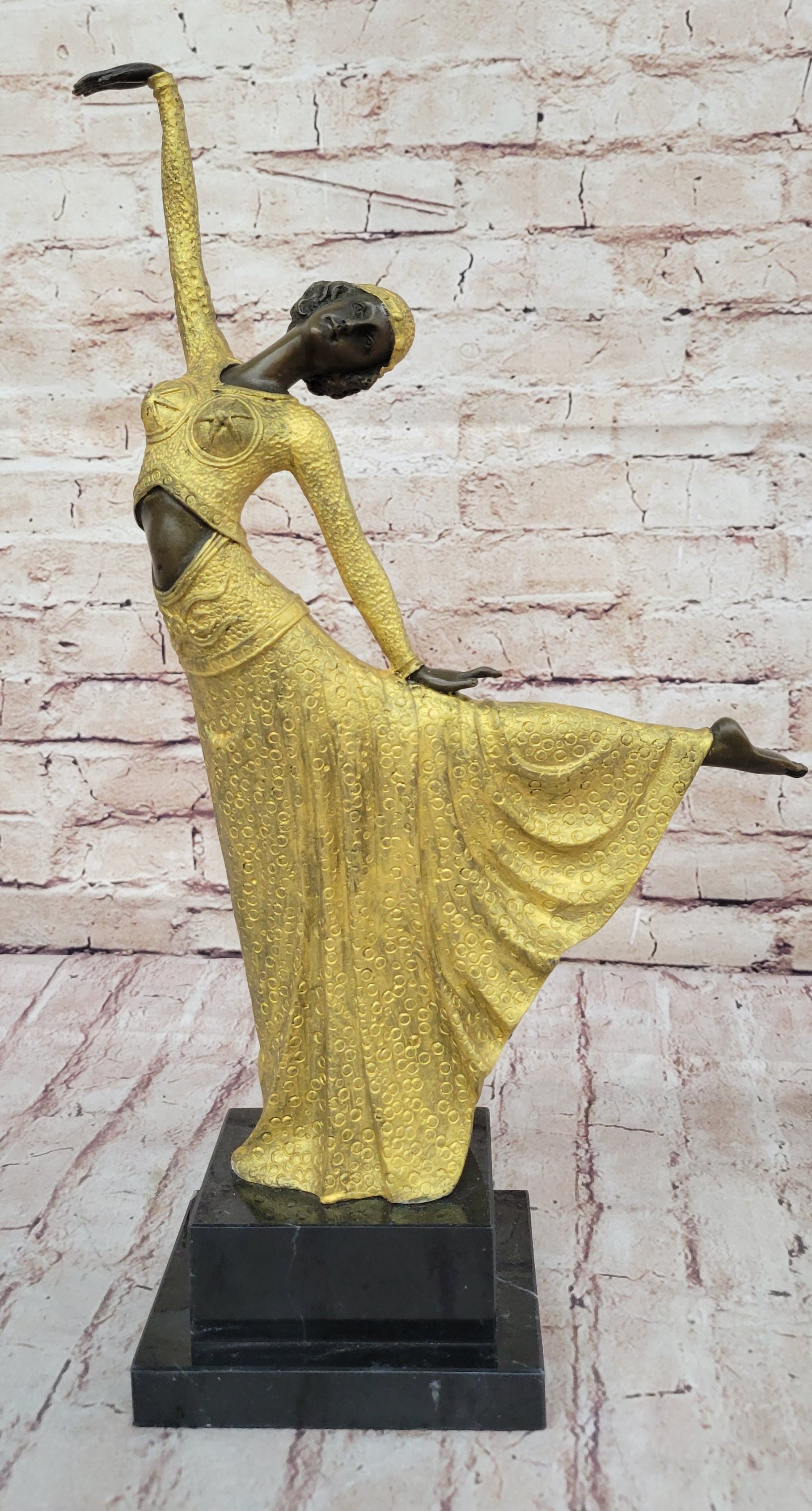 Chiparus Art Deco Bronze Dancer Girl Long Dress Gold Patina