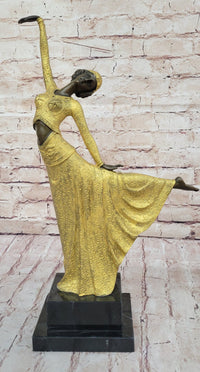 Chiparus Art Deco Bronze Dancer Girl Long Dress Gold Patina