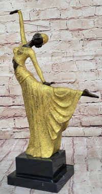 Chiparus Art Deco Bronze Dancer Girl Long Dress Gold Patina