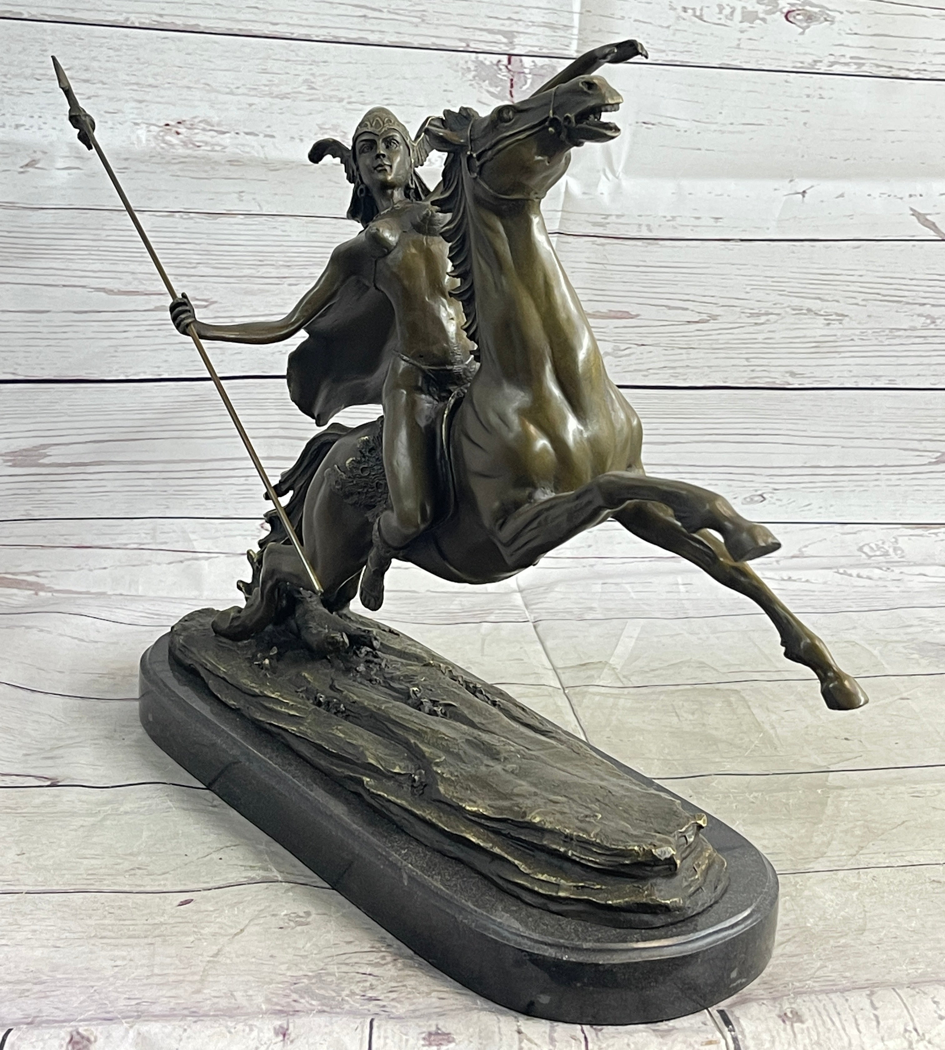 Nude Amazonian Female Warrior on Horseback Bronze Statue Sculpture Mythology 13"