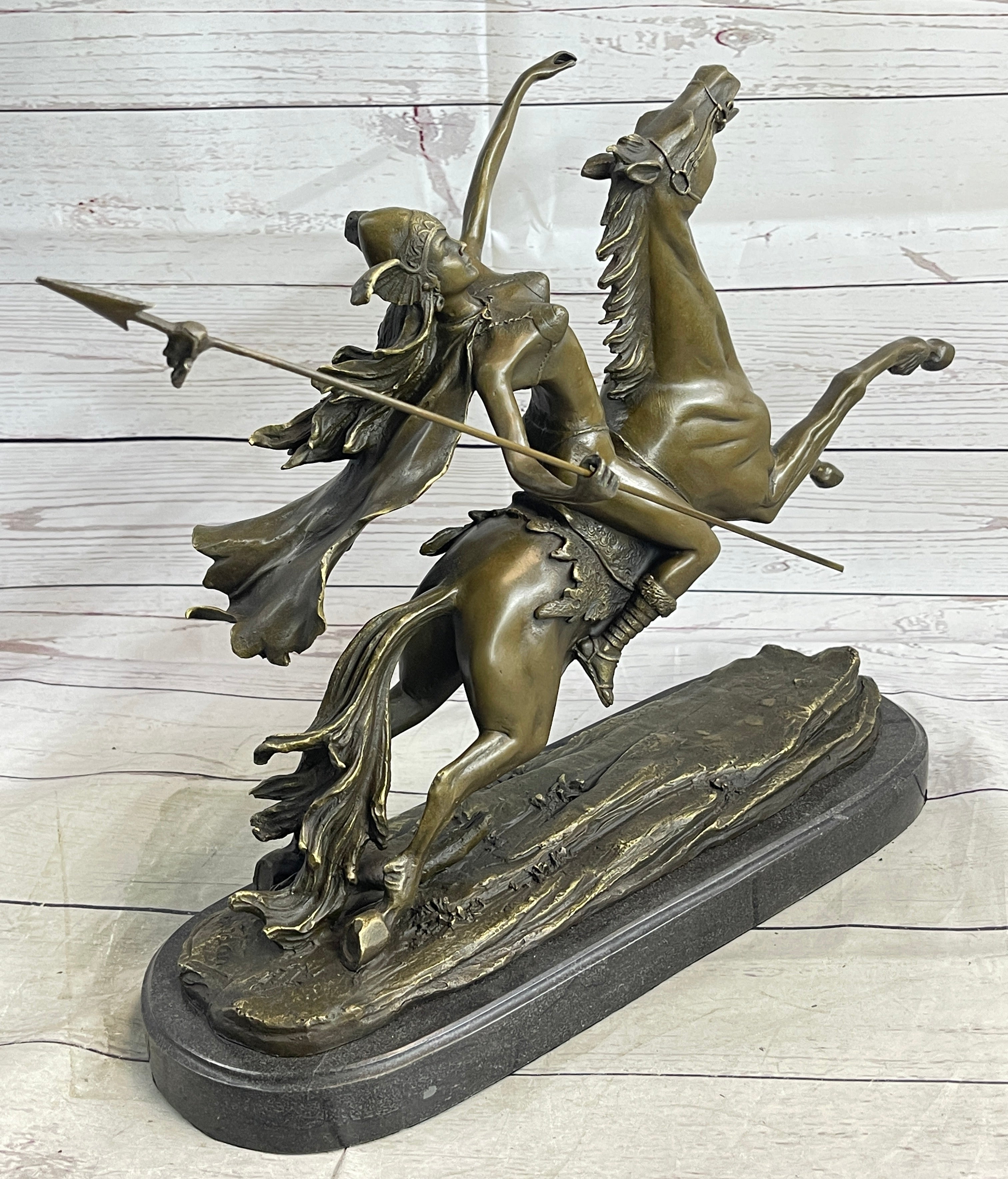 Nude Amazonian Female Warrior on Horseback Bronze Statue Sculpture Mythology 13"