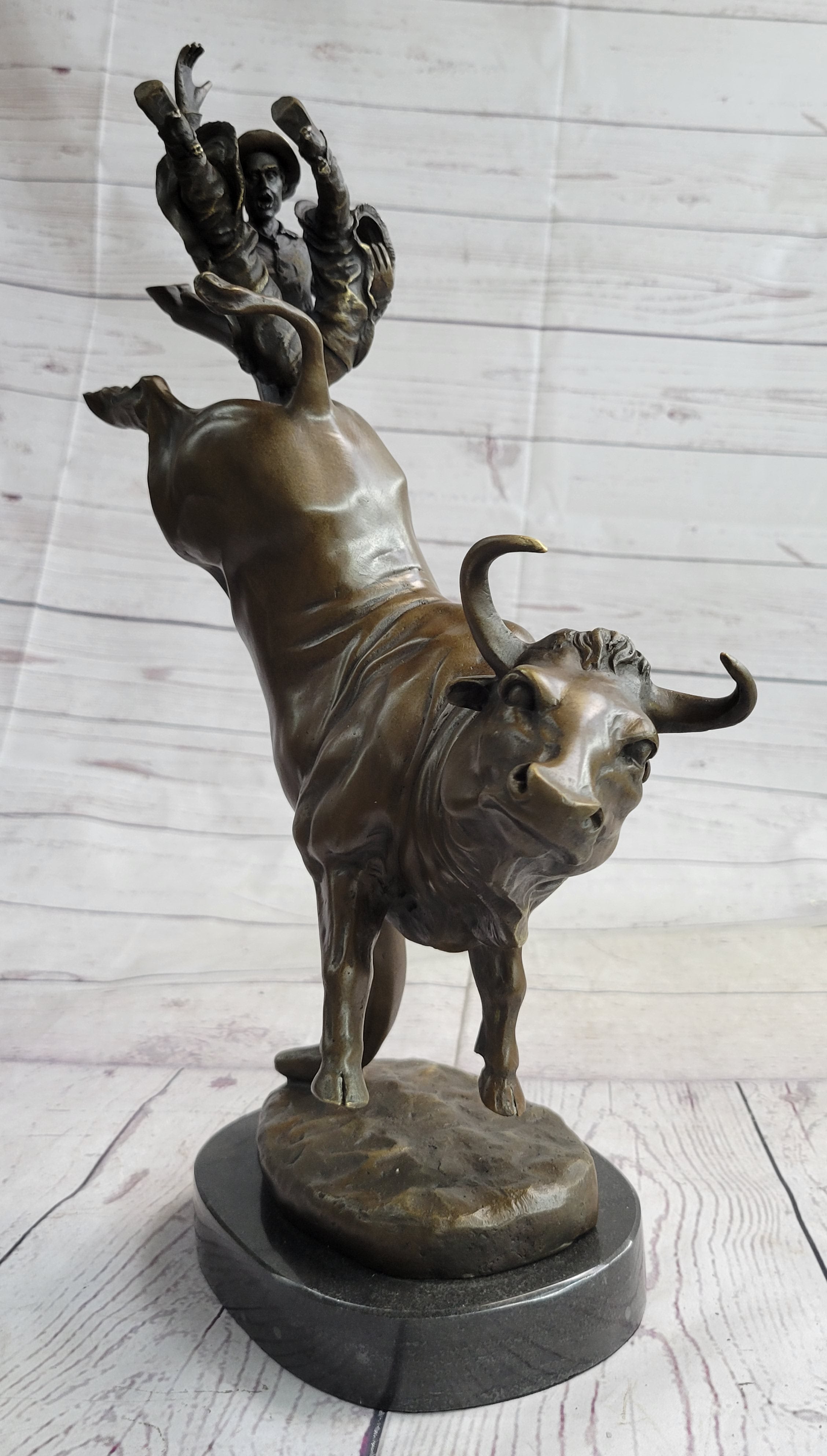 Frederic Remington Cowboy Rodeo Bull Rider Bronze 16" x 11.5"
