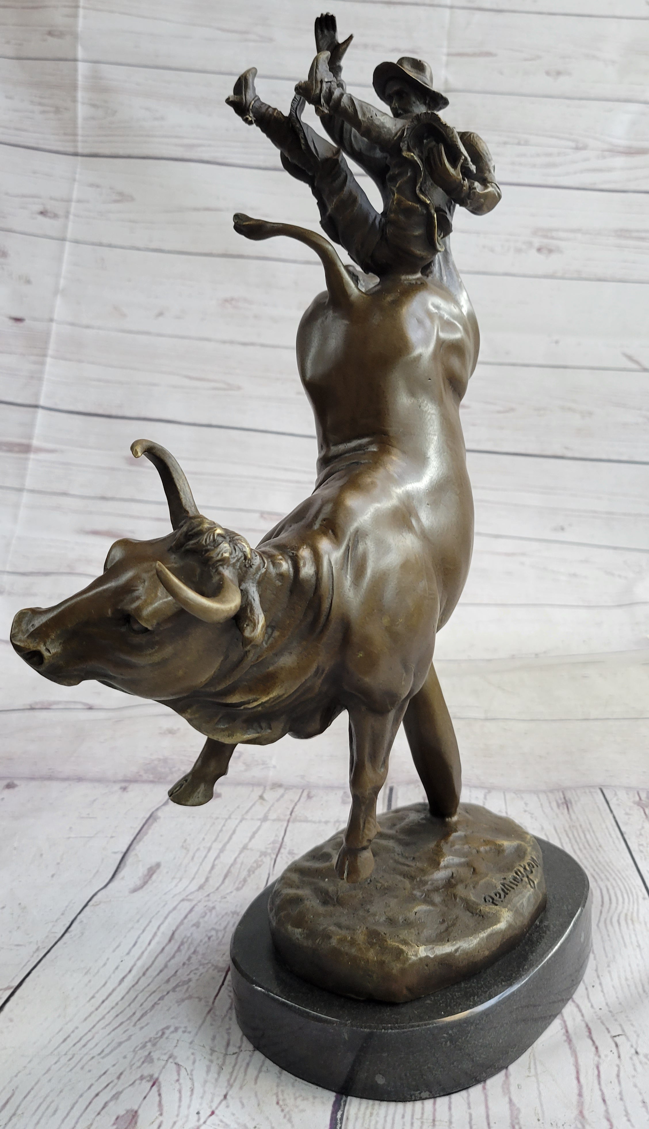 Frederic Remington Cowboy Rodeo Bull Rider Bronze 16" x 11.5"