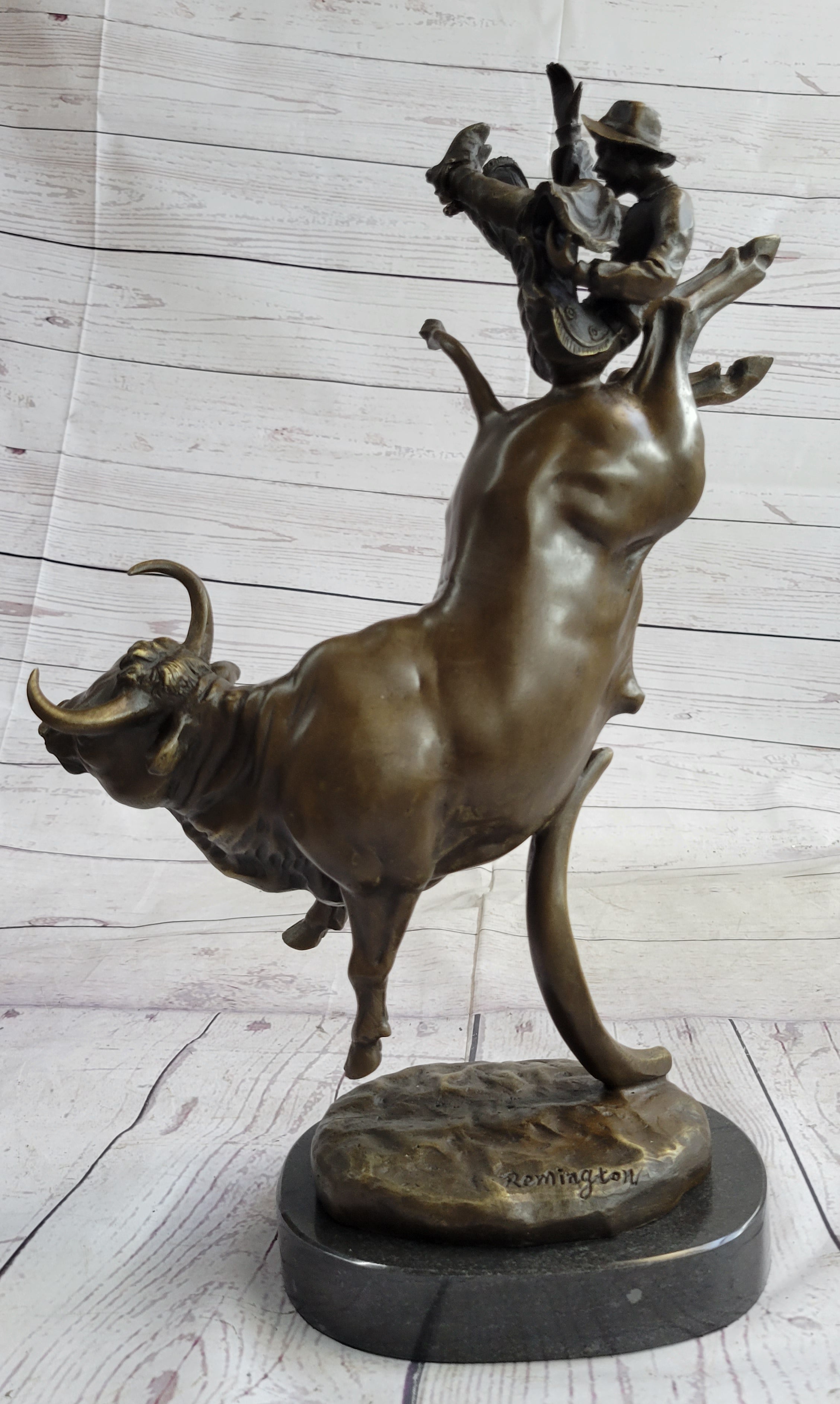 Frederic Remington Cowboy Rodeo Bull Rider Bronze 16" x 11.5"