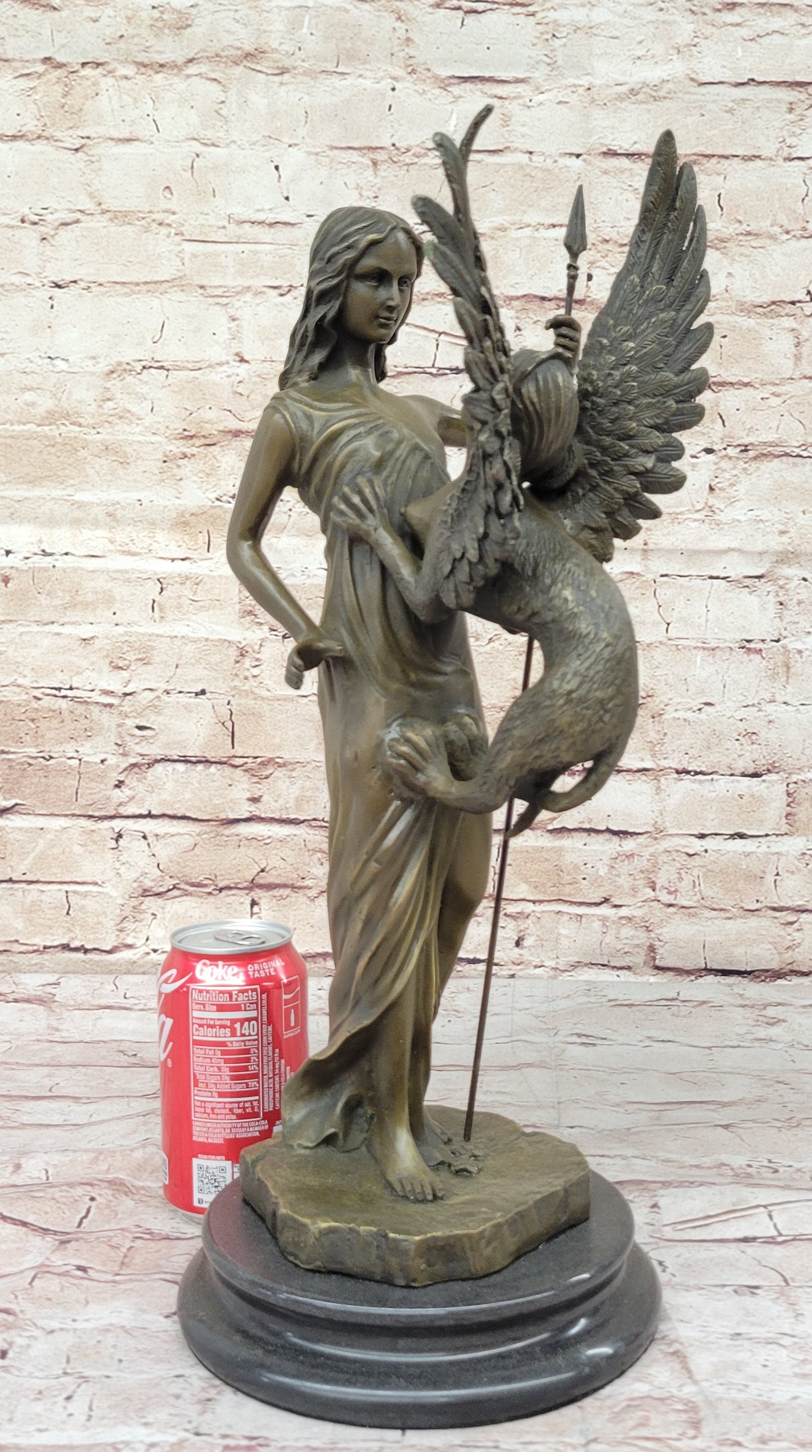 Mythical Griffin & Woman w/ Spear Bronze Sculpture 18"x 9"