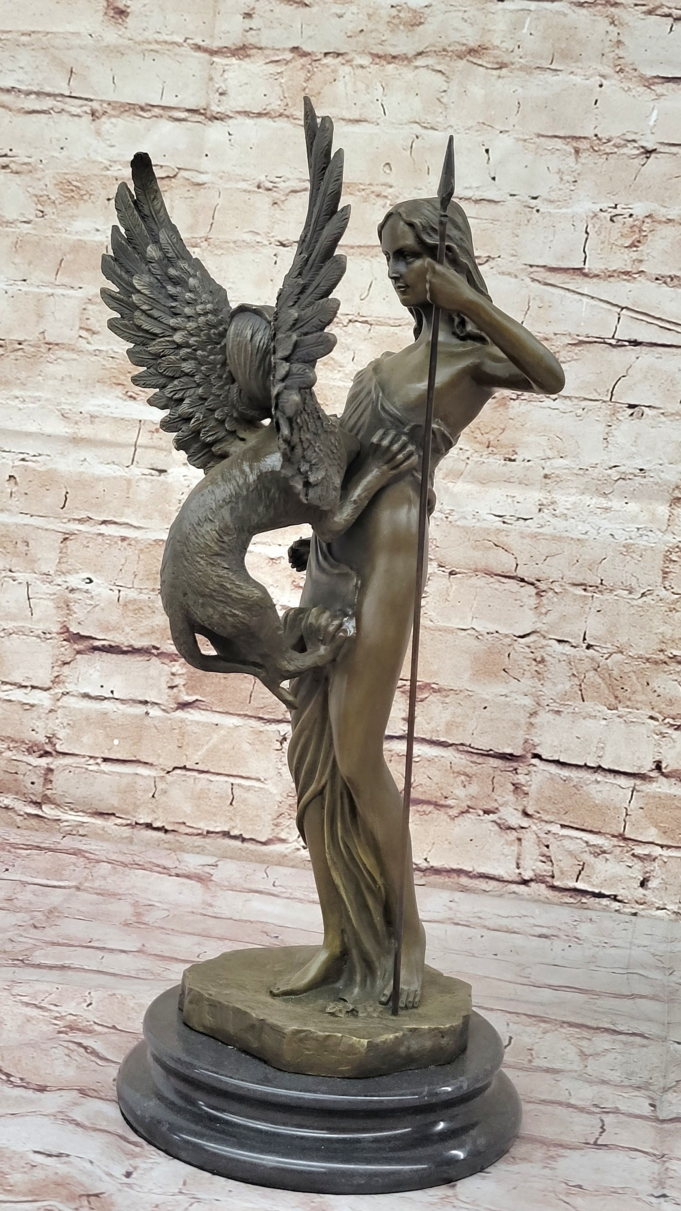Mythical Griffin & Woman w/ Spear Bronze Sculpture 18"x 9"