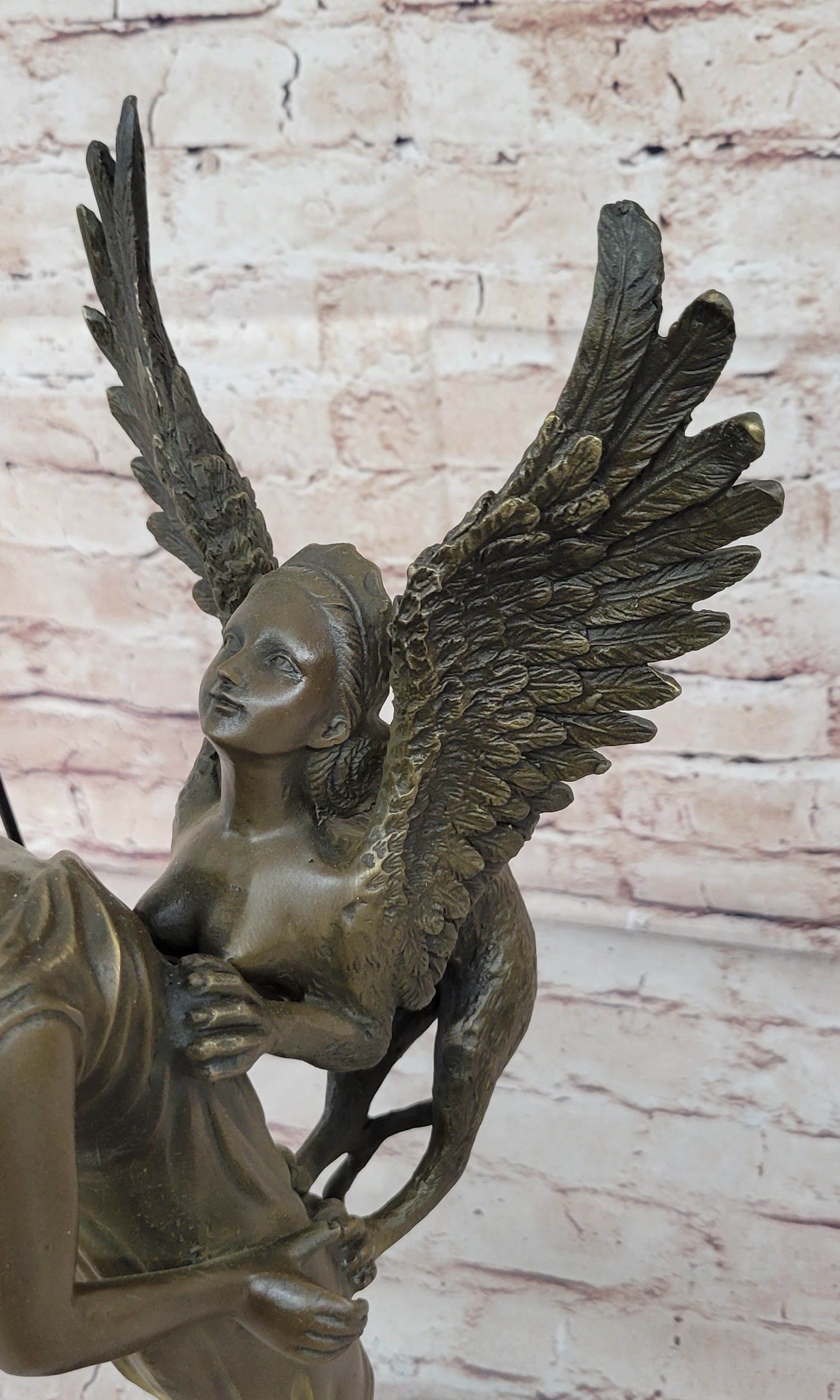 Mythical Griffin & Woman w/ Spear Bronze Sculpture 18"x 9"