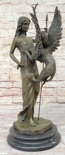 Mythical Griffin & Woman w/ Spear Bronze Sculpture 18"x 9"