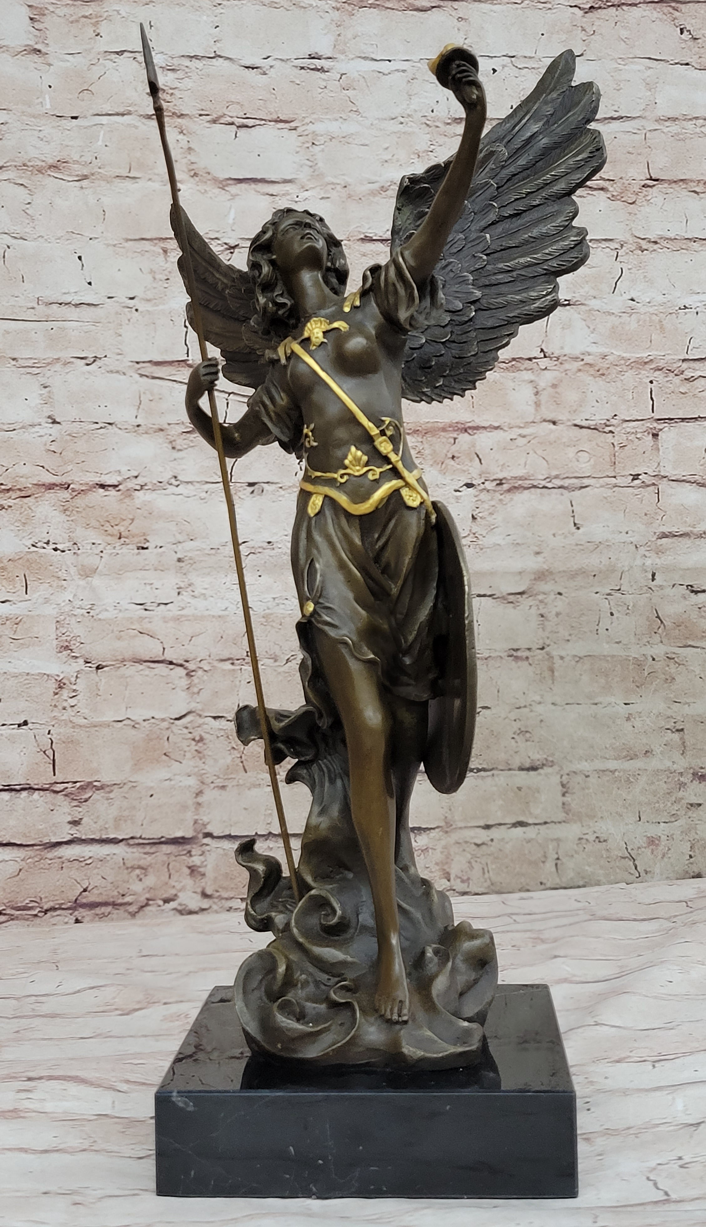 Winged Semi Nude Angel Archangel w/ Spear & Shield - Bronze Sculpture