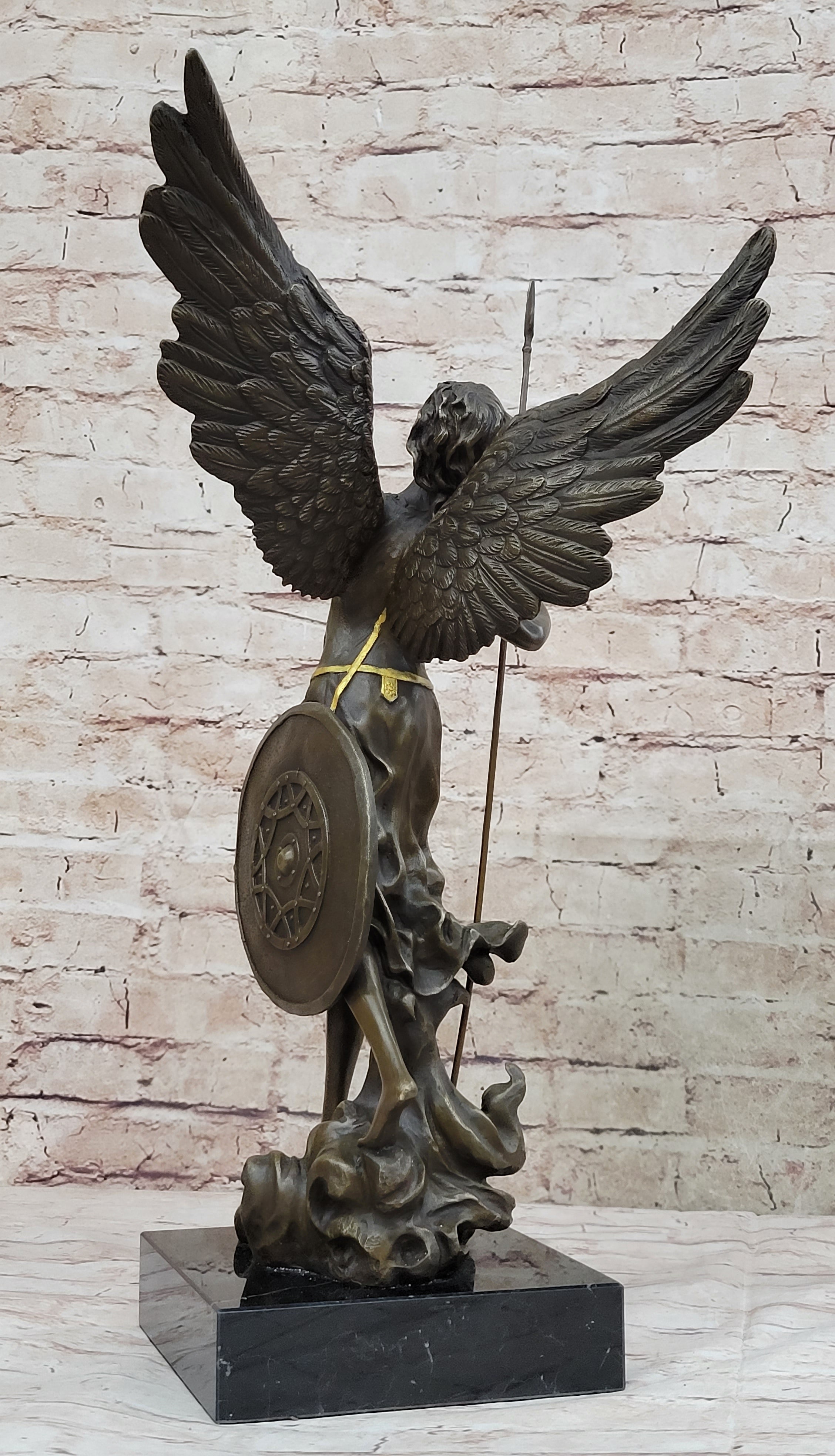 Winged Semi Nude Angel Archangel w/ Spear & Shield - Bronze Sculpture