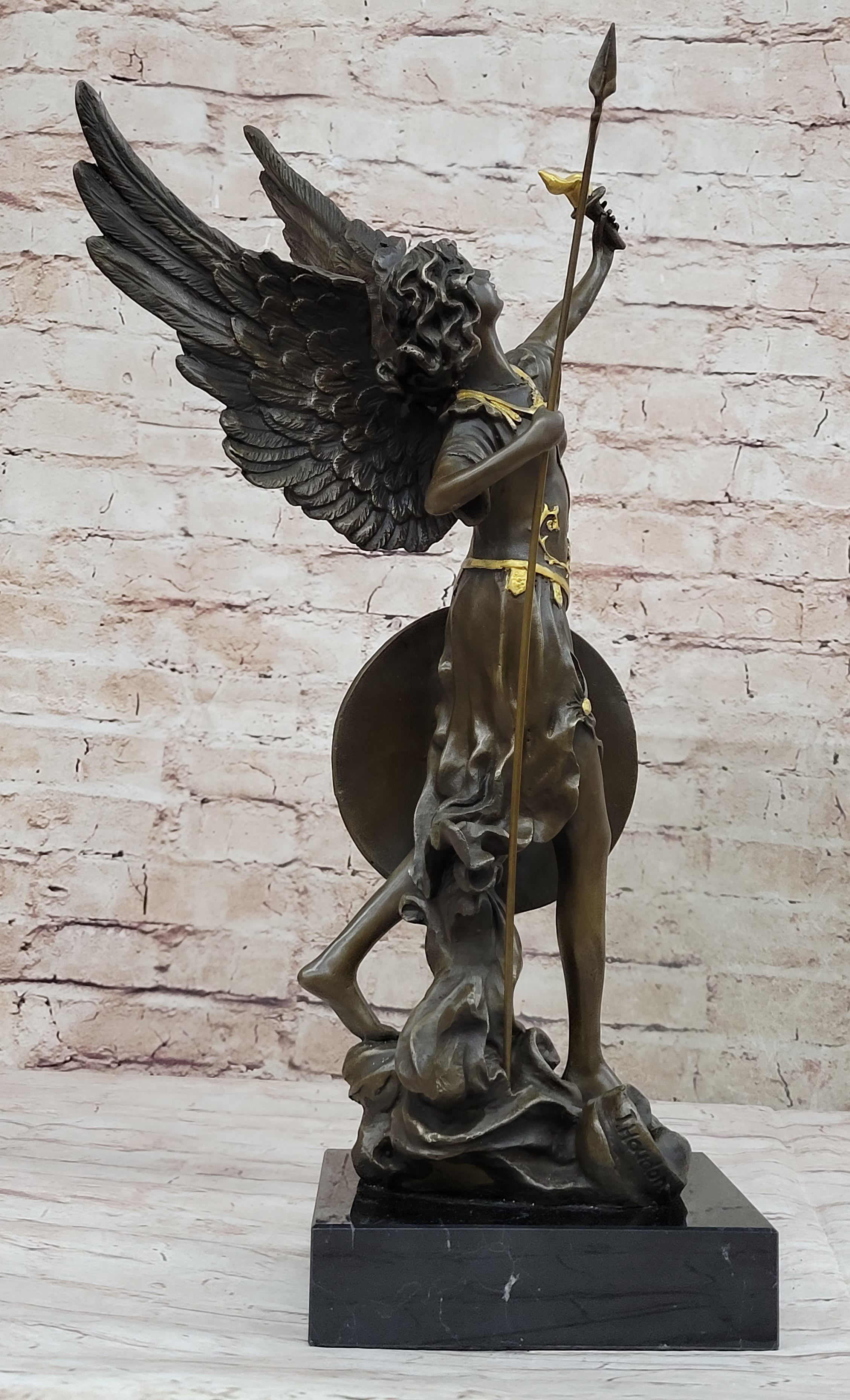 Winged Semi Nude Angel Archangel w/ Spear & Shield - Bronze Sculpture