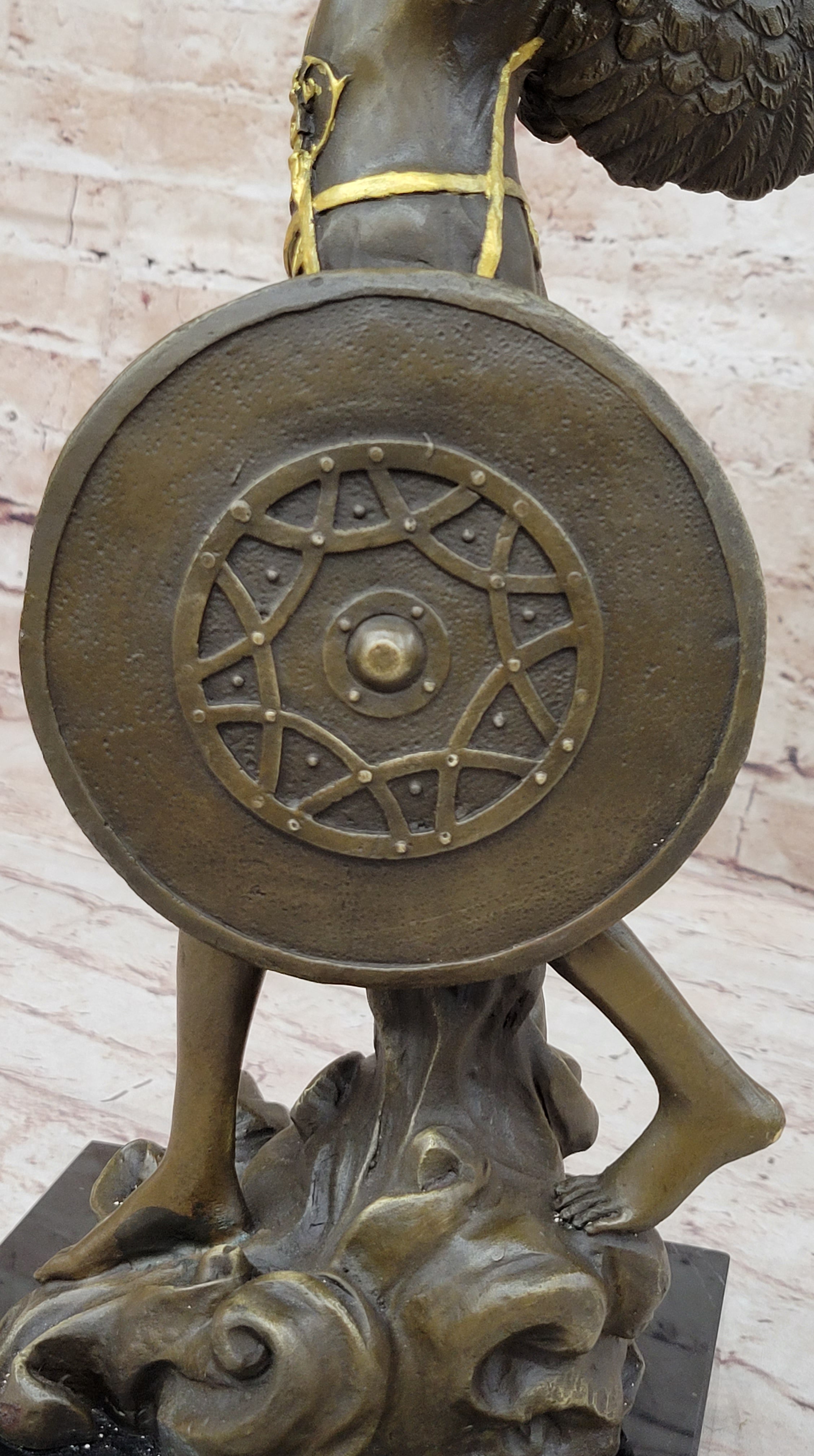 Winged Semi Nude Angel Archangel w/ Spear & Shield - Bronze Sculpture
