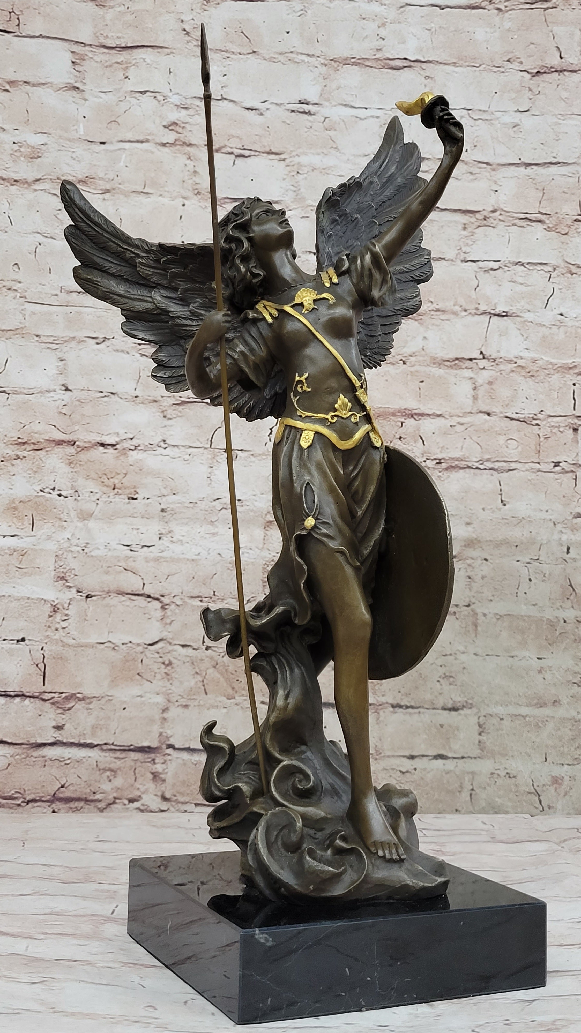 Winged Semi Nude Angel Archangel w/ Spear & Shield - Bronze Sculpture