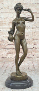 Nude Female Figure Holding Flowers & Wreath Crown Bronze Statue Sculpture Marble Base