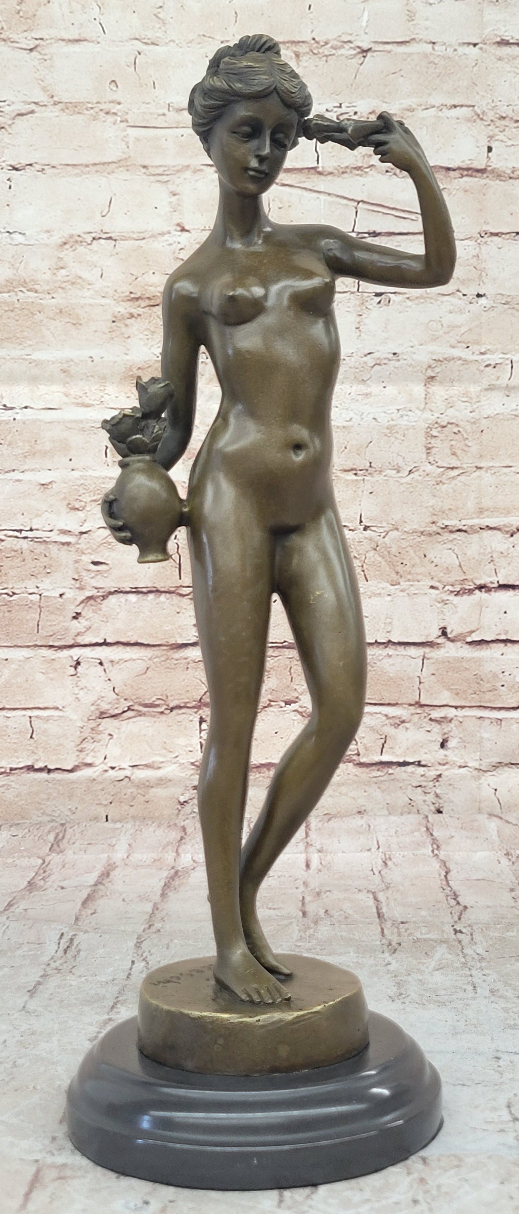 Nude Female Figure Holding Flowers & Wreath Crown Bronze Statue Sculpture Marble Base