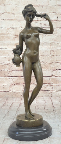 Nude Female Figure Holding Flowers & Wreath Crown Bronze Statue Sculpture Marble Base
