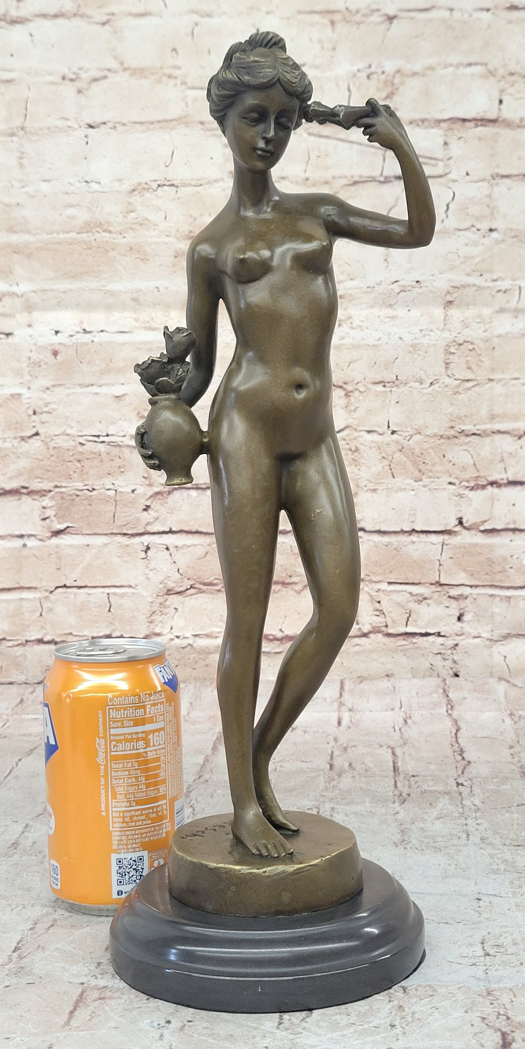 Nude Female Figure Holding Flowers & Wreath Crown Bronze Statue Sculpture Marble Base