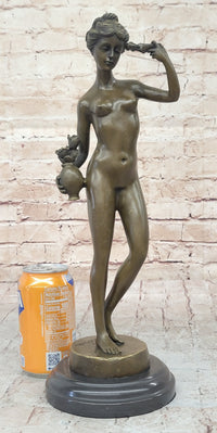 Nude Female Figure Holding Flowers & Wreath Crown Bronze Statue Sculpture Marble Base