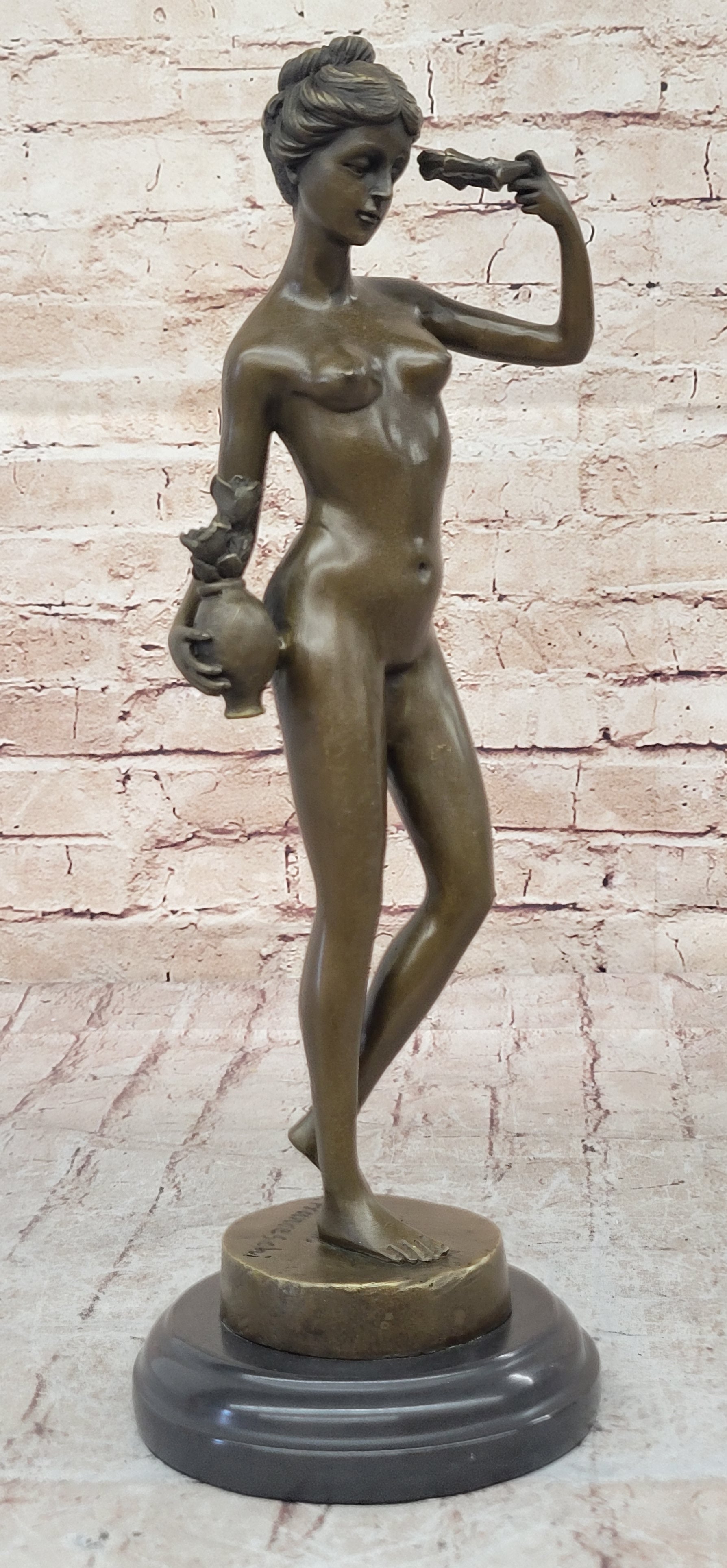 Nude Female Figure Holding Flowers & Wreath Crown Bronze Statue Sculpture Marble Base