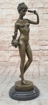 Nude Female Figure Holding Flowers & Wreath Crown Bronze Statue Sculpture Marble Base