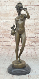 Nude Female Figure Holding Flowers & Wreath Crown Bronze Statue Sculpture Marble Base