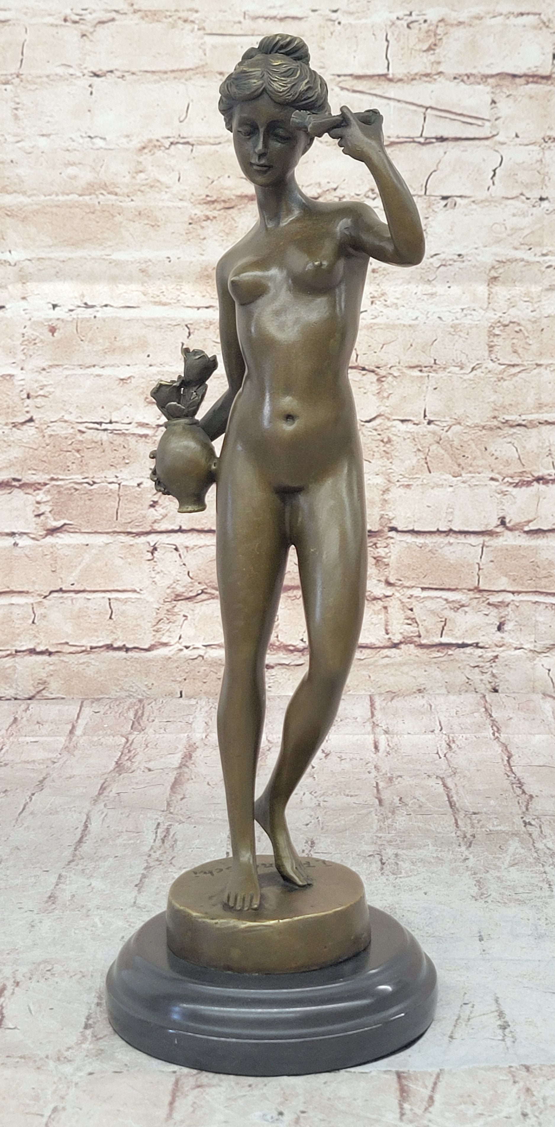 Nude Female Figure Holding Flowers & Wreath Crown Bronze Statue Sculpture Marble Base