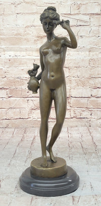 Nude Female Figure Holding Flowers & Wreath Crown Bronze Statue Sculpture Marble Base