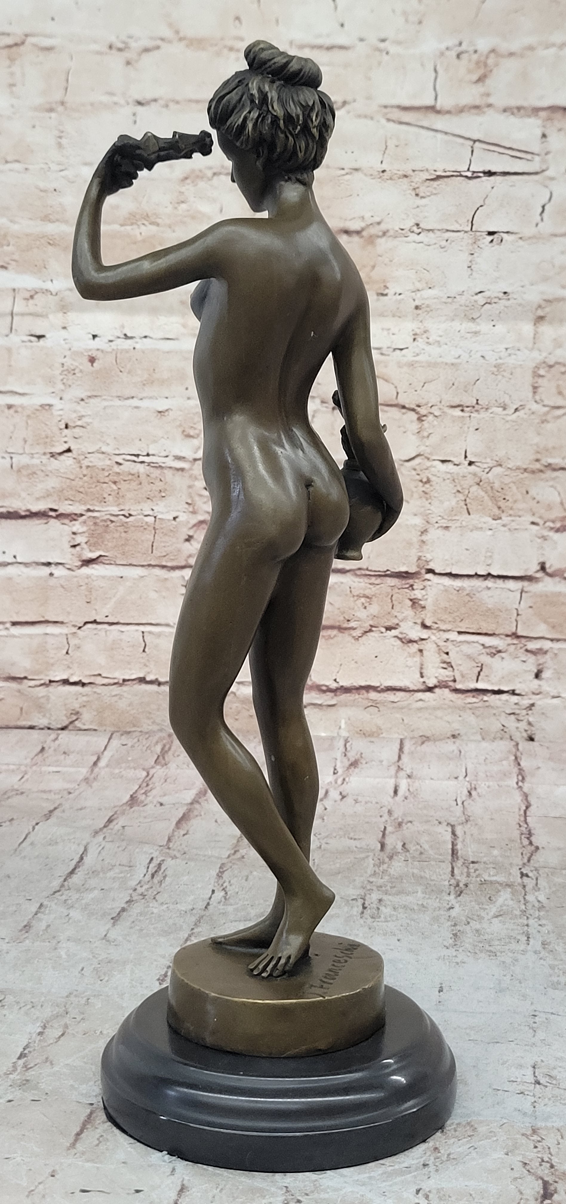 Nude Female Figure Holding Flowers & Wreath Crown Bronze Statue Sculpture Marble Base