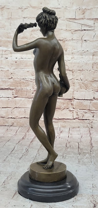 Nude Female Figure Holding Flowers & Wreath Crown Bronze Statue Sculpture Marble Base