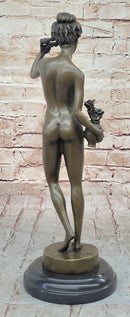 Nude Female Figure Holding Flowers & Wreath Crown Bronze Statue Sculpture Marble Base