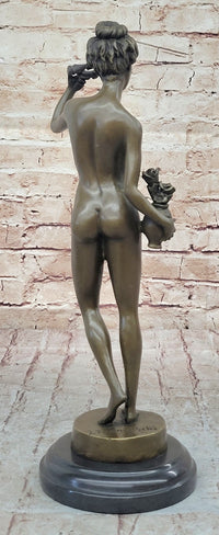 Nude Female Figure Holding Flowers & Wreath Crown Bronze Statue Sculpture Marble Base
