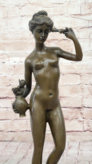 Nude Female Figure Holding Flowers & Wreath Crown Bronze Statue Sculpture Marble Base