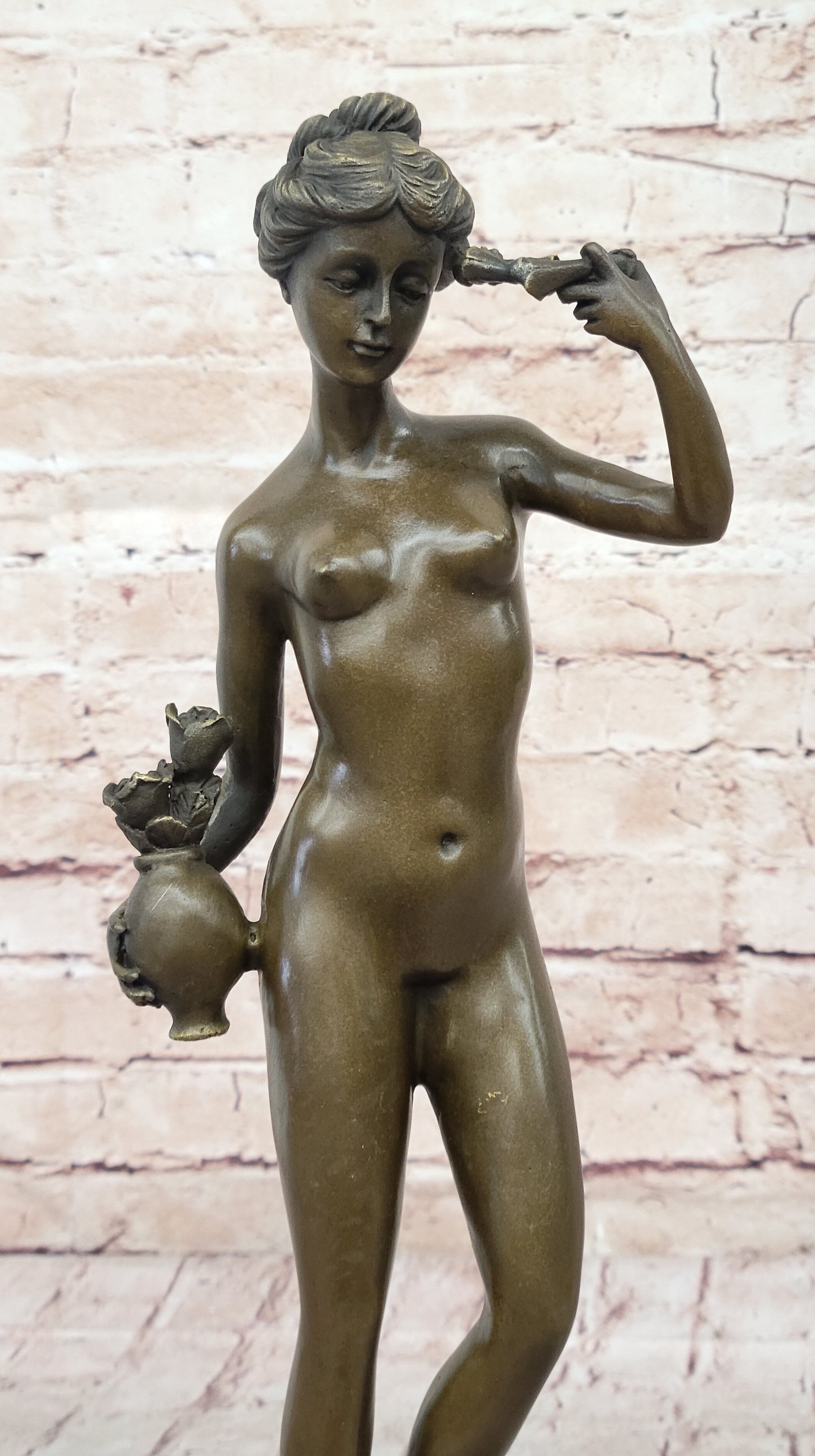 Nude Female Figure Holding Flowers & Wreath Crown Bronze Statue Sculpture Marble Base