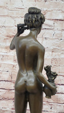 Nude Female Figure Holding Flowers & Wreath Crown Bronze Statue Sculpture Marble Base