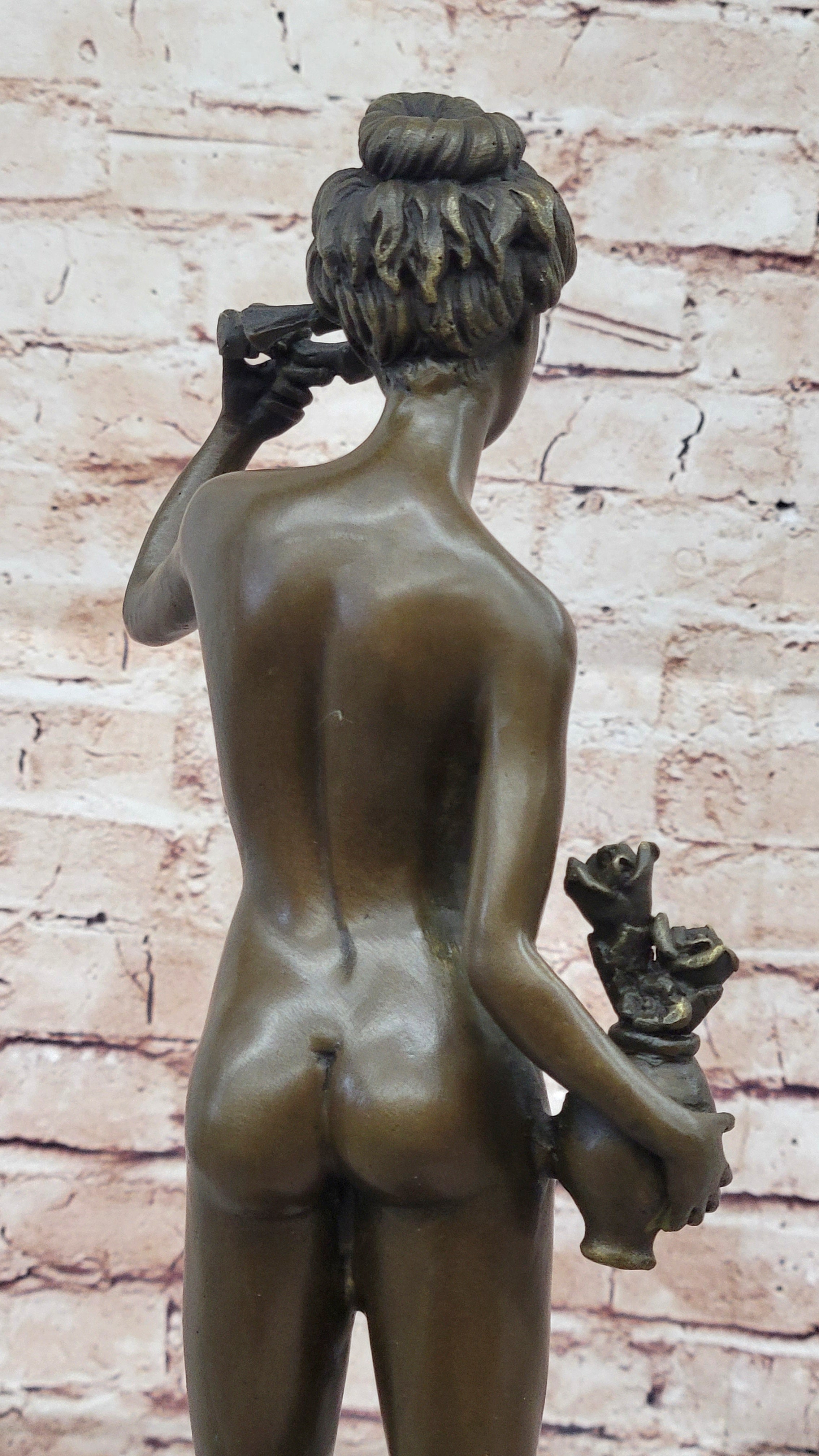Nude Female Figure Holding Flowers & Wreath Crown Bronze Statue Sculpture Marble Base