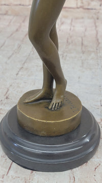 Nude Female Figure Holding Flowers & Wreath Crown Bronze Statue Sculpture Marble Base