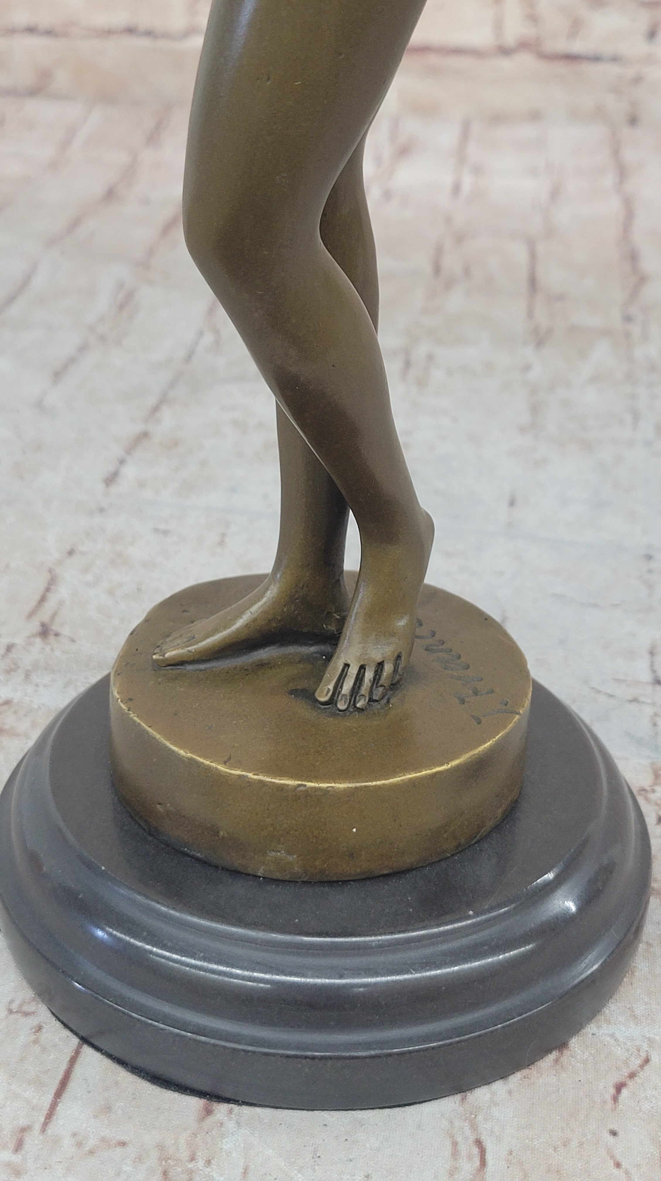 Nude Female Figure Holding Flowers & Wreath Crown Bronze Statue Sculpture Marble Base