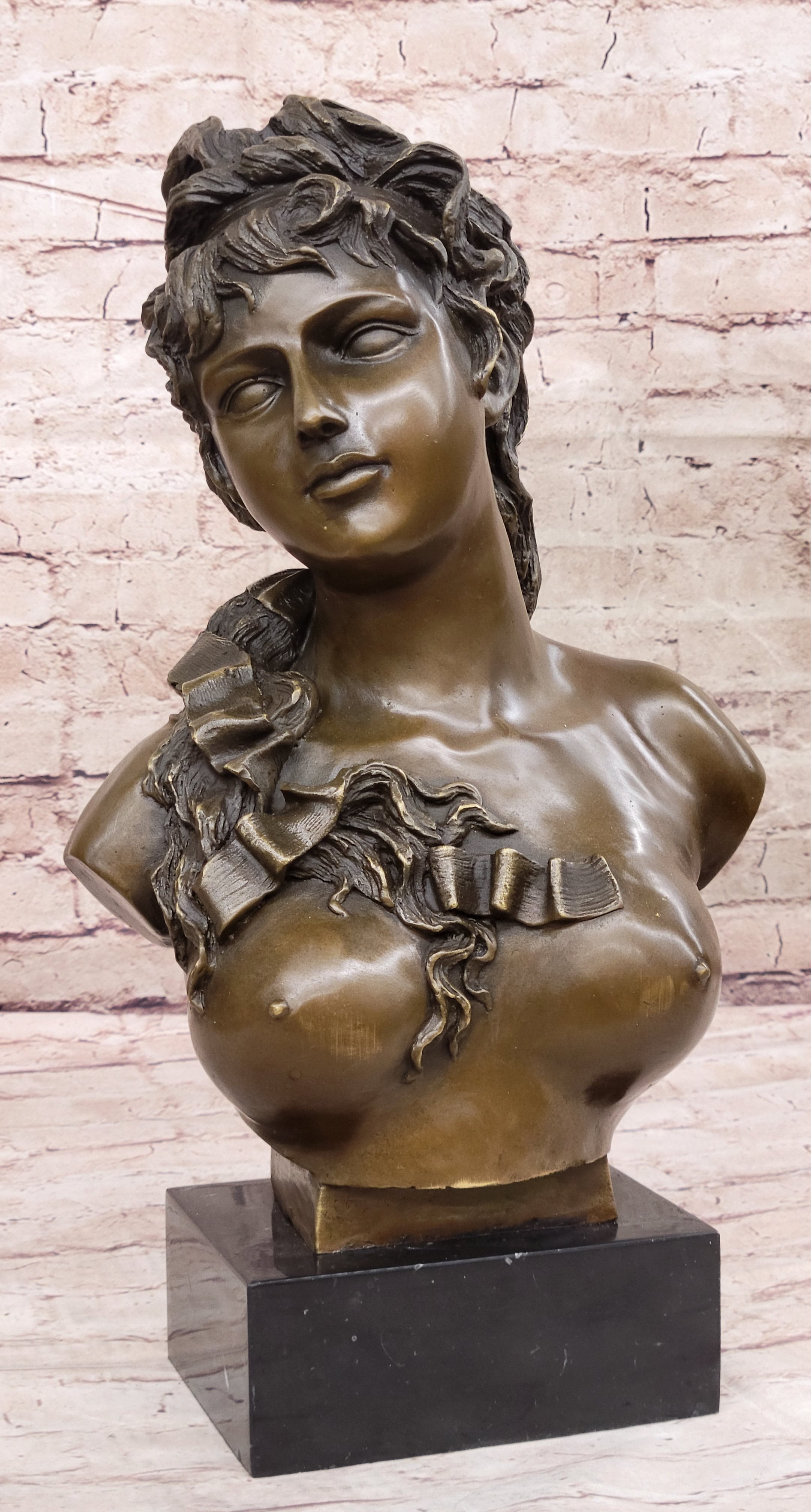 Nude Female Hot Cast Bronze Bust Sculpture Signed Art on Marble Base