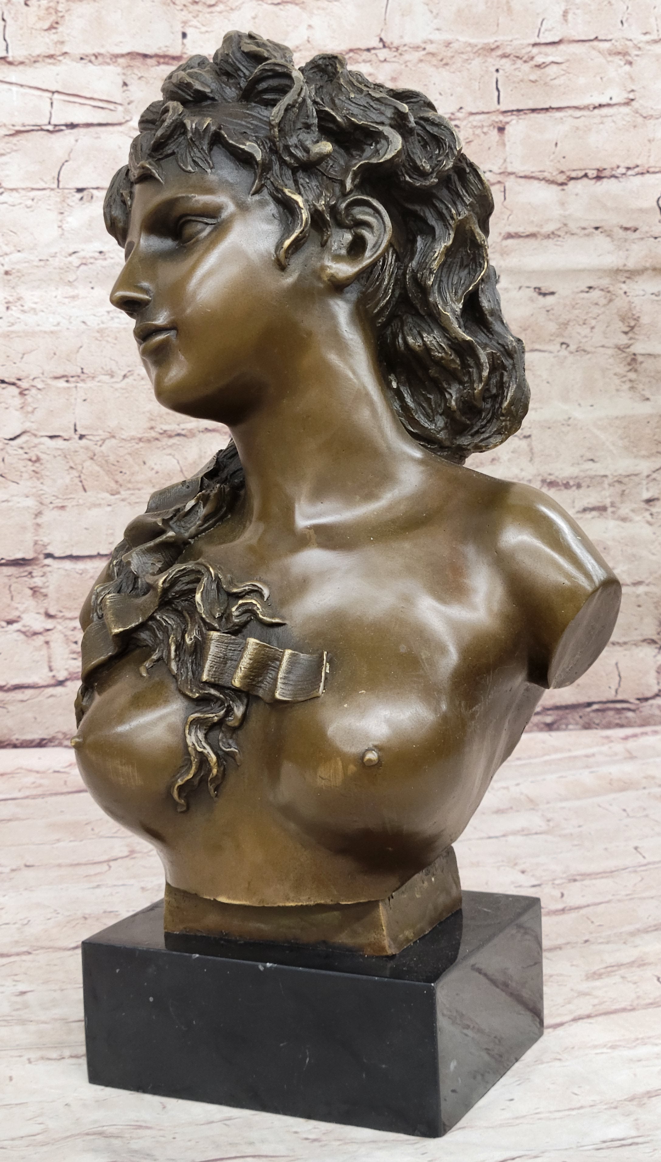 Nude Female Hot Cast Bronze Bust Sculpture Signed Art on Marble Base