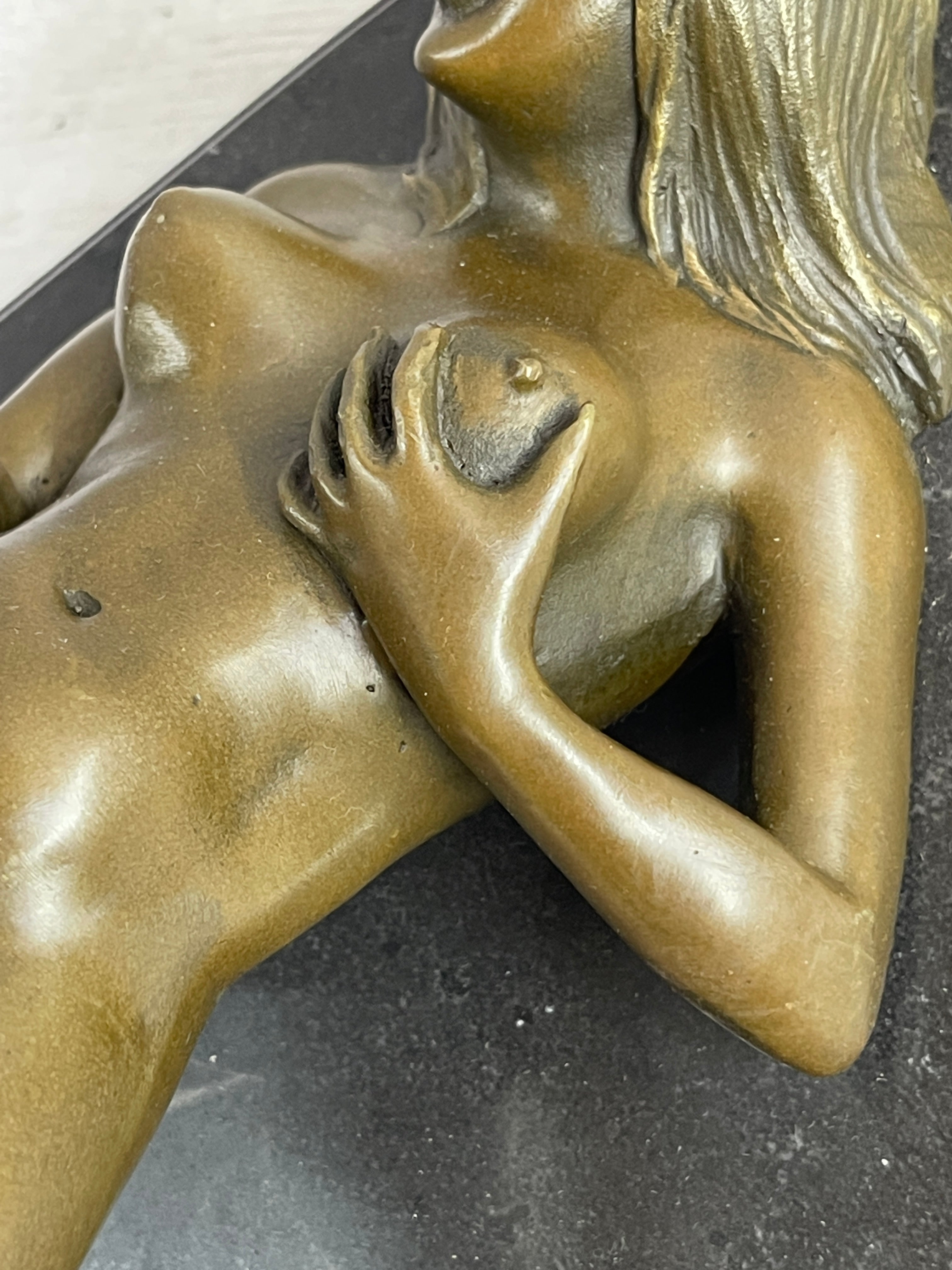 Nude Girl Touching Herself Erotic Bronze Sculpture Figure Marble Base